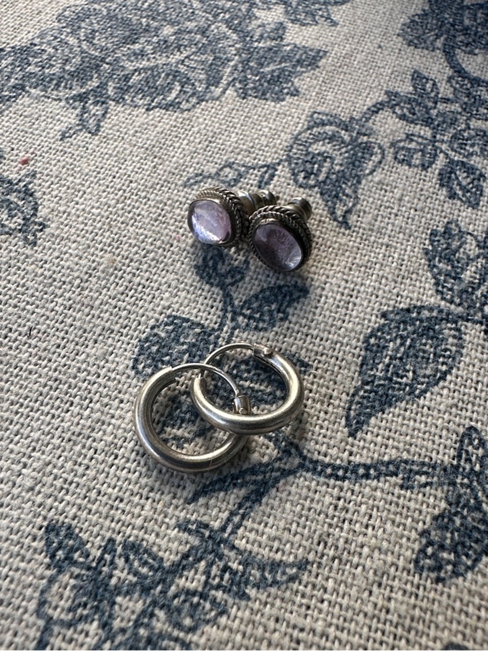 2 Pairs 925 Silver Earrings. Small Hoops and Small Purple Stone Studs